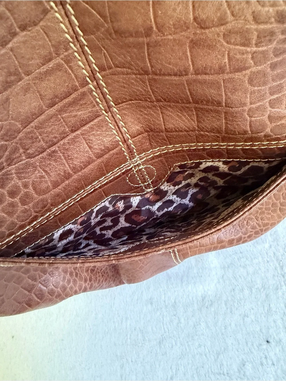 Maxx New York Brown Croc Embossed Hobo Purse Animal Print Lining Shoulder Bag
